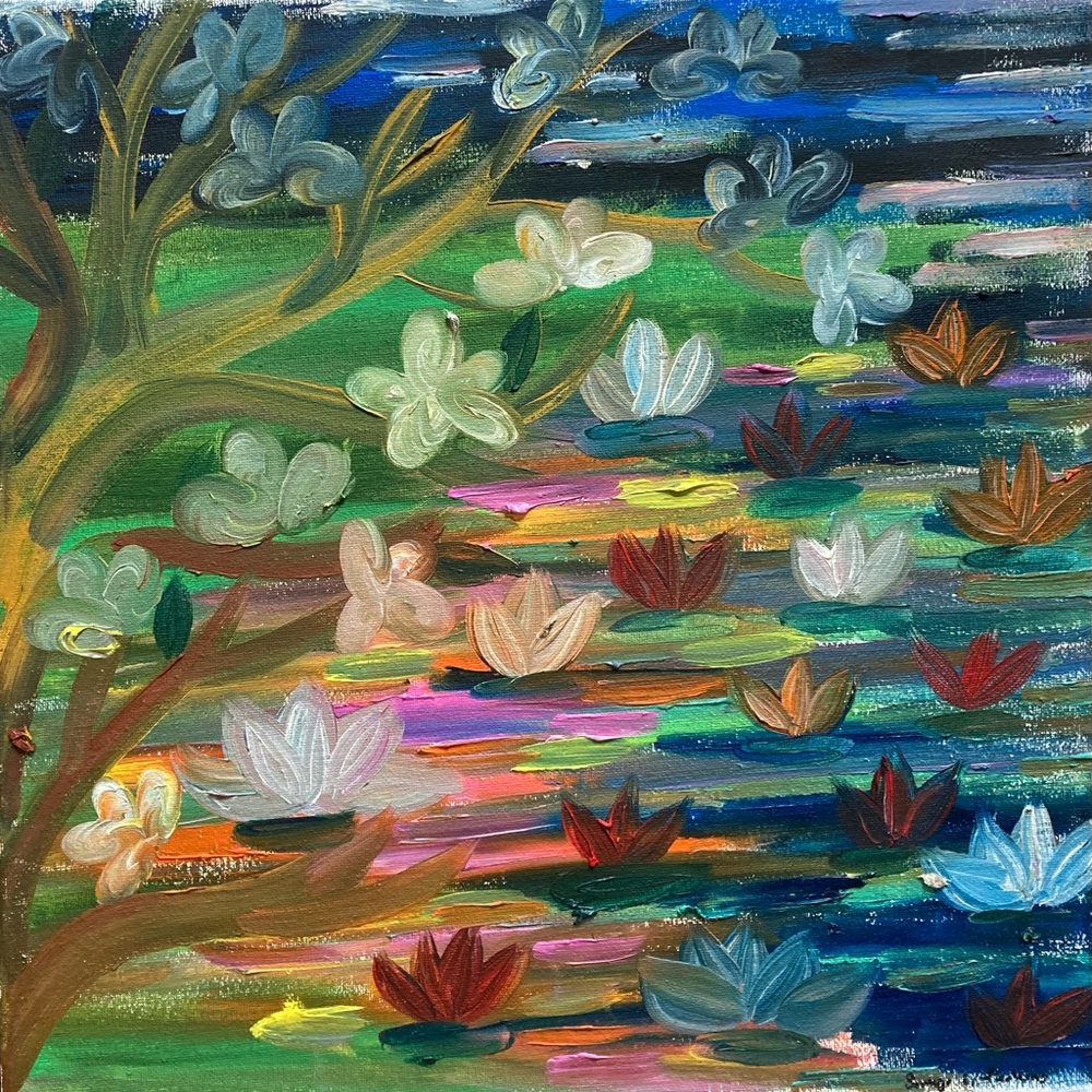 Rainbow lake - Abstract Floral Pond Canvas - hand painted
